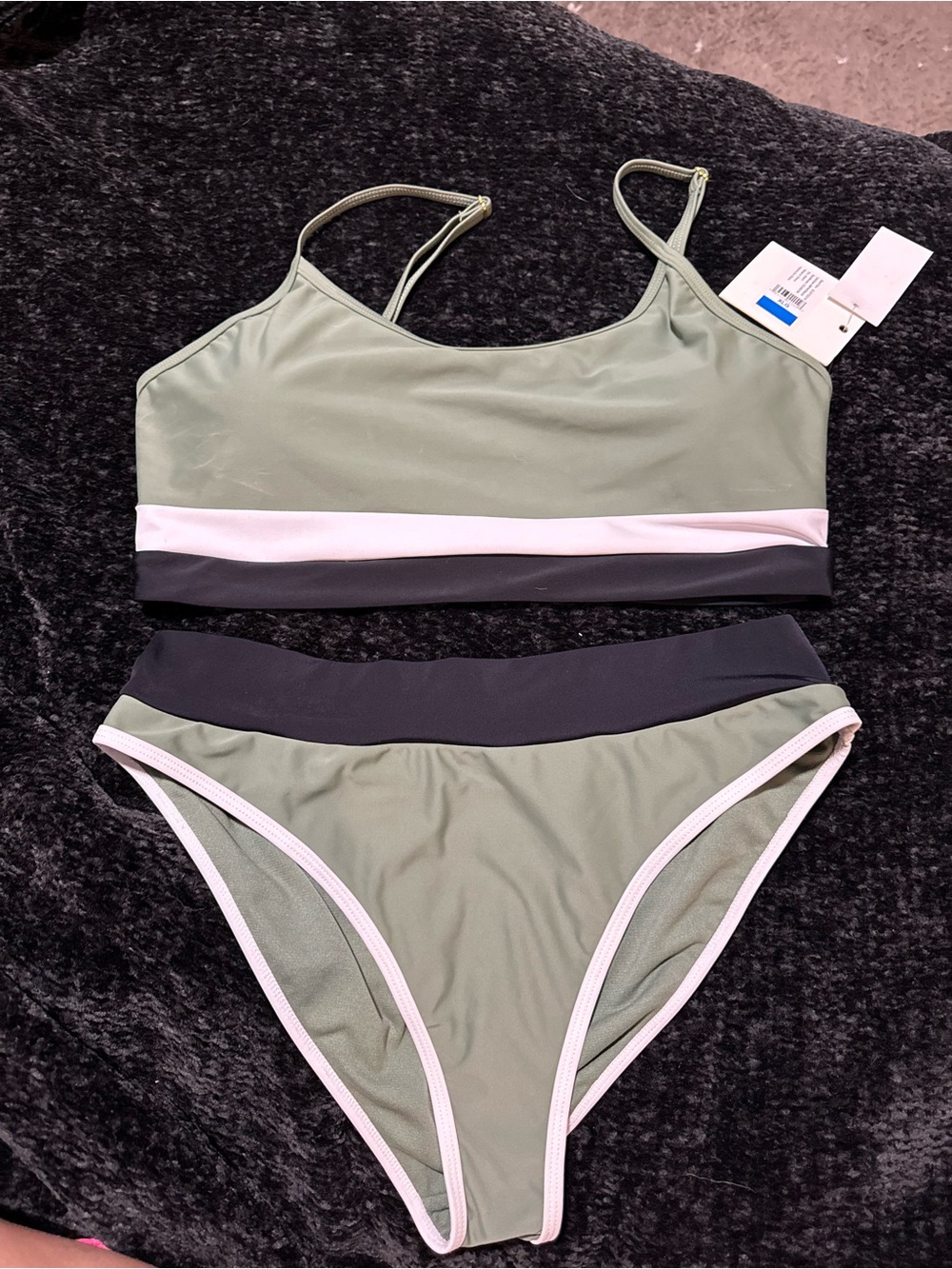 Olive Green Two-Piece Swim Set with Contrast Bands